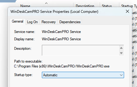 Свойства службы WinDeskCamPRO с типом запуска Автоматически